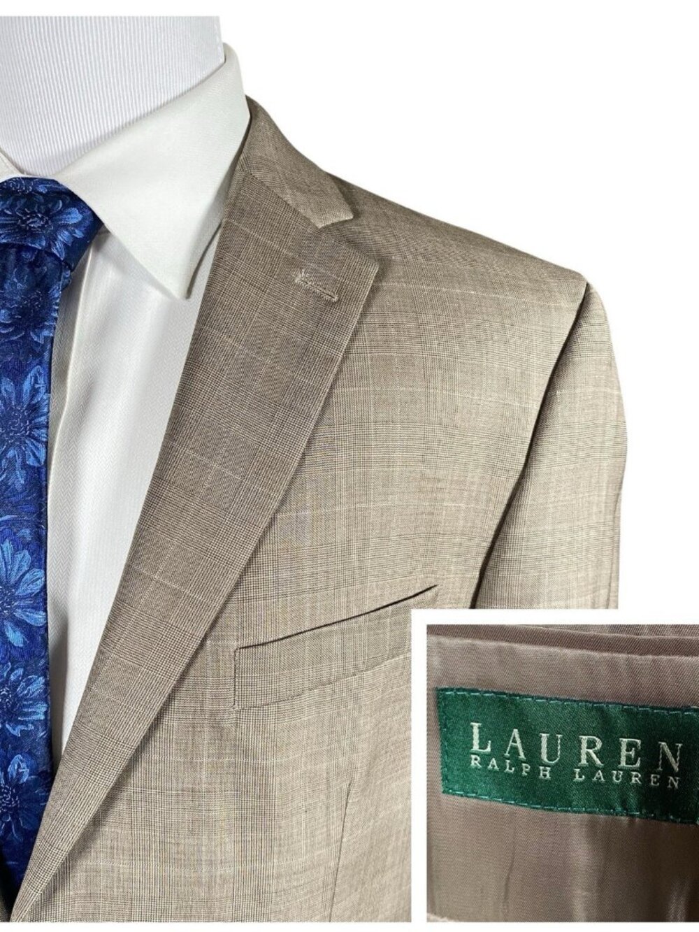 LRL Ralph Lauren Blazer 44L Glen Plaid Wool Sport Coat Light Taupe Sport Coat